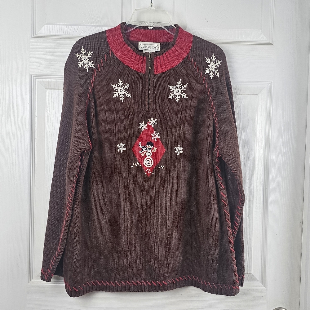 Christmas Sweater XL 90s Knit Snowman Kitschy Snowflakes‎ Beaded Embroidered VTG